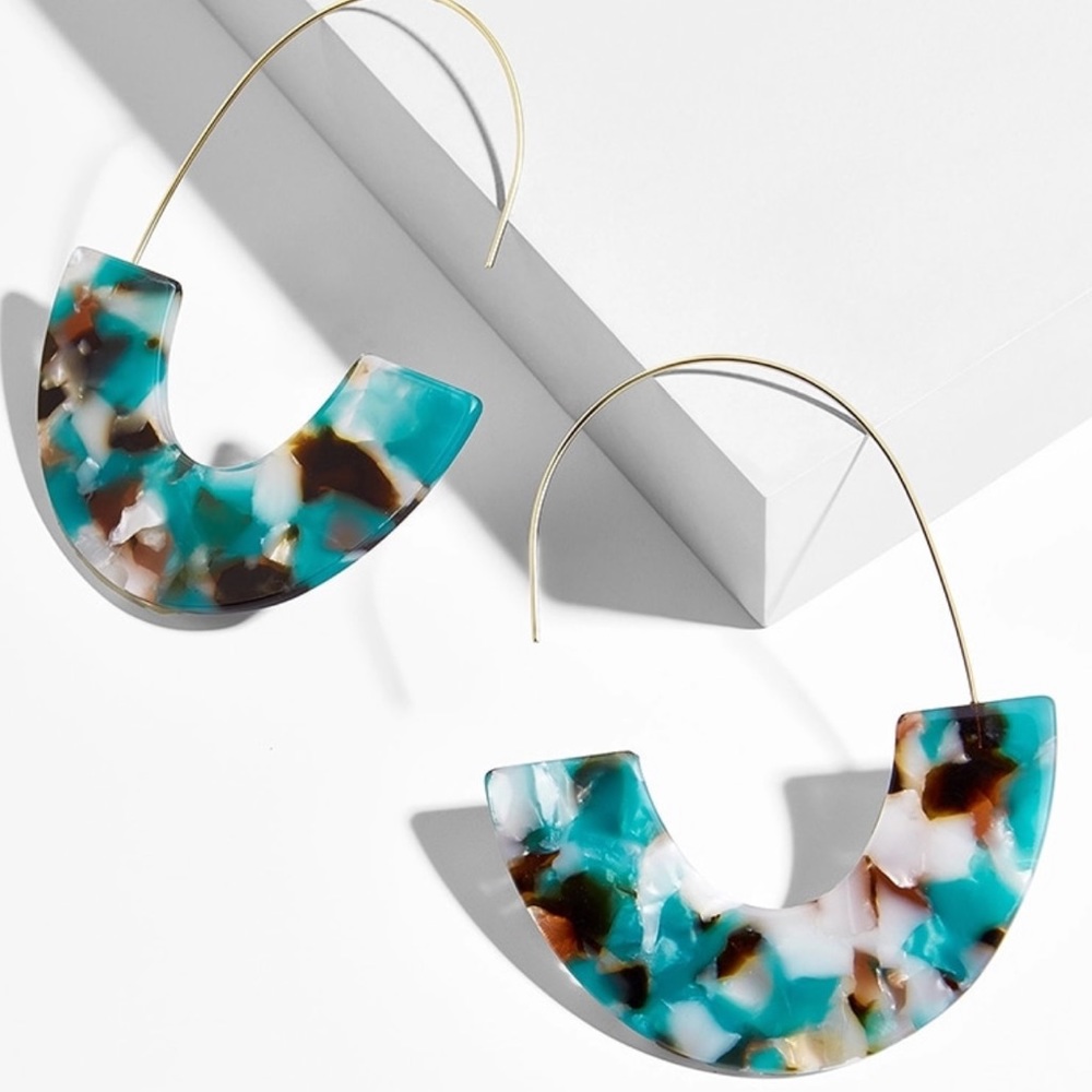Teal Tortoise Resin Half Hoop Earrings